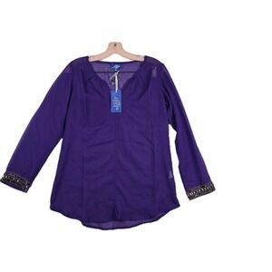 Modern‎ Moda Women's Size Medium Purple Sheer V Neck Button Shirt New